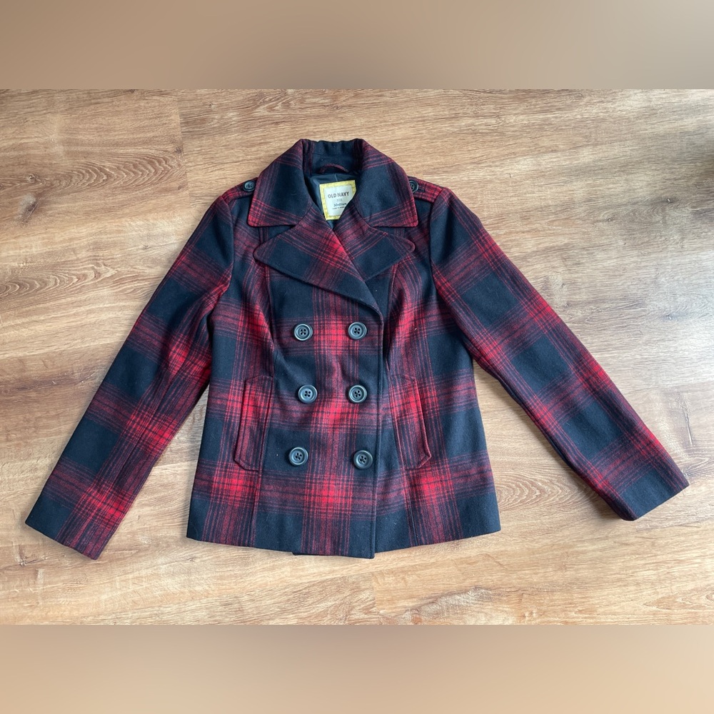 Old Navy Womens Plaid Wool Peacoat Jacket Double Breasted Medium Academia Red